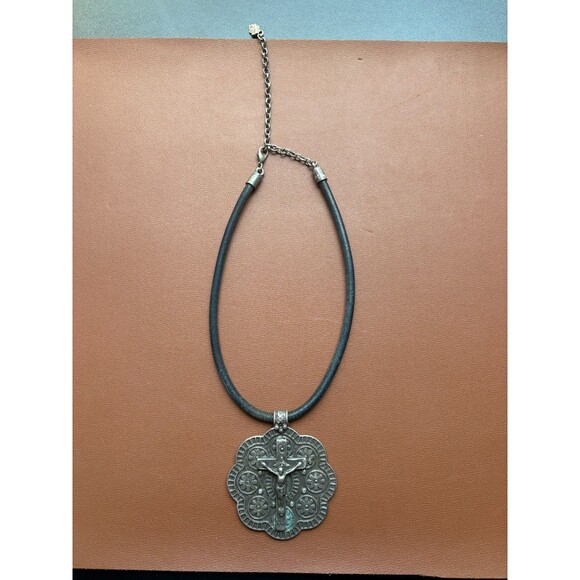 Jewelry - Vintage Silver Tone Crucifix Pendant Necklace Black Leather Cord Religious Jewel